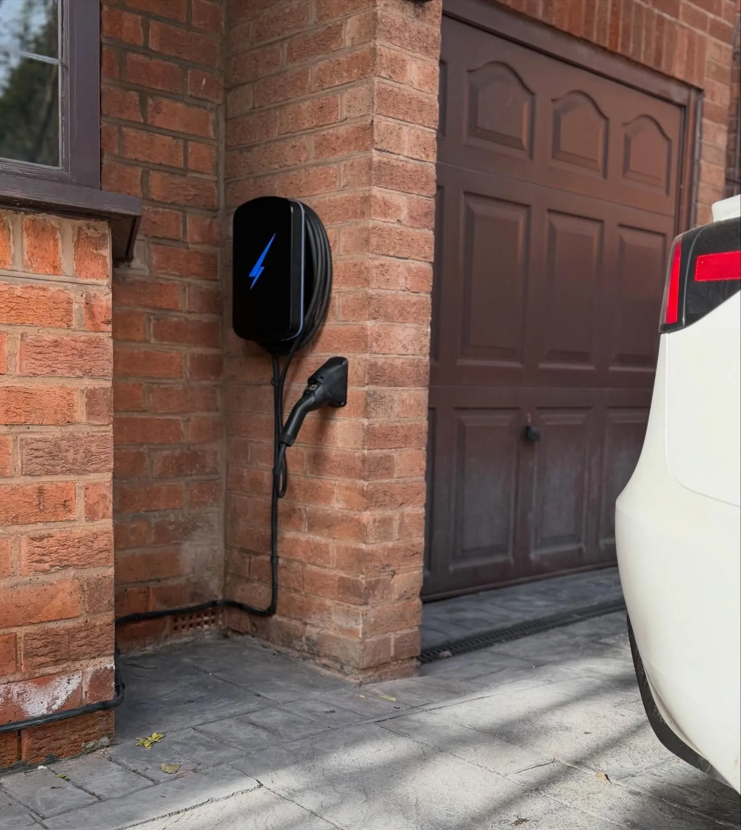 Black Hypervolt EV charger with a blue illuminated logo and tethered cable beside a garage door, with a white car on the driveway