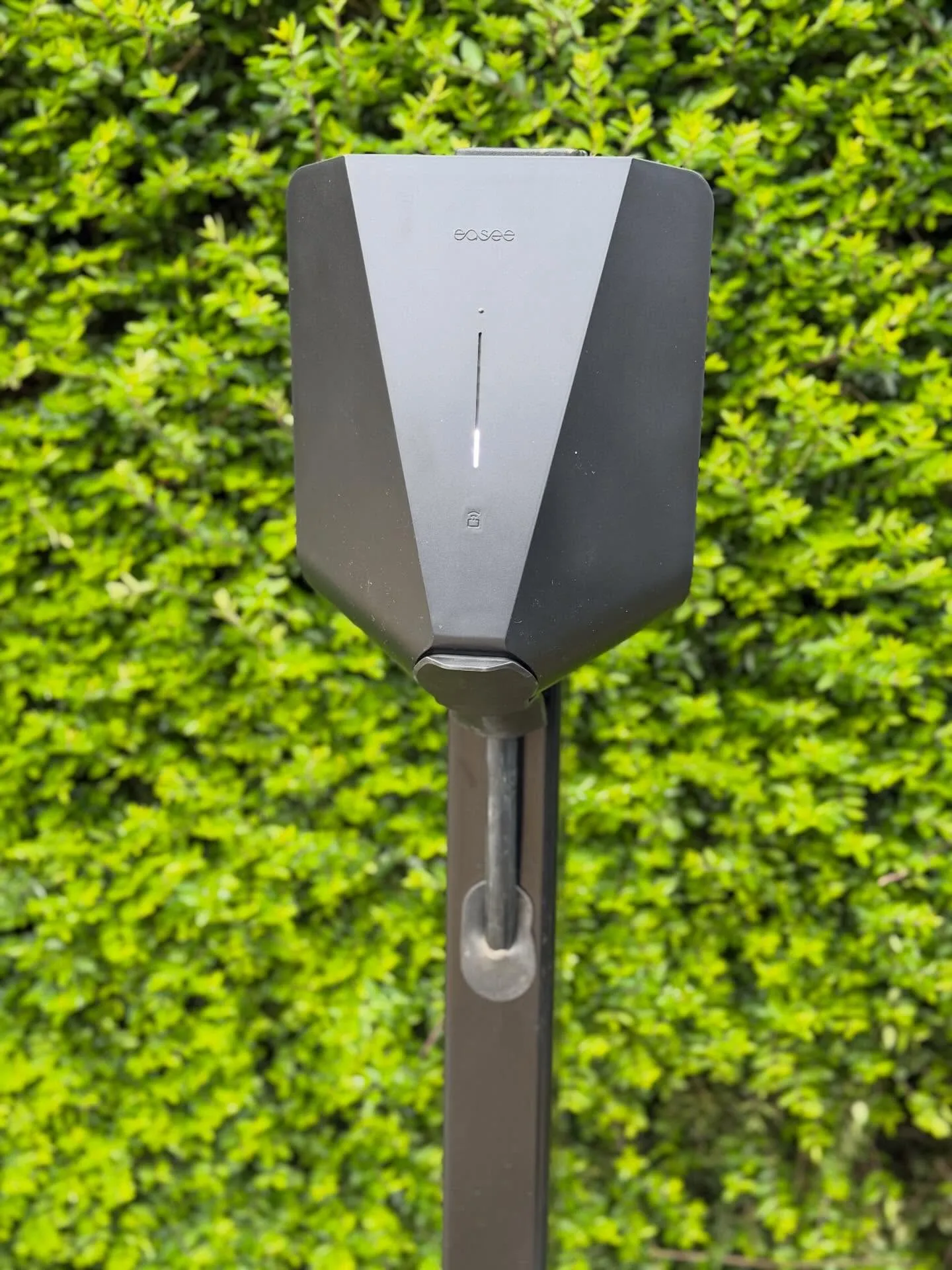 Close-up of an Easee EV charger mounted on a slim black post in front of a hedge