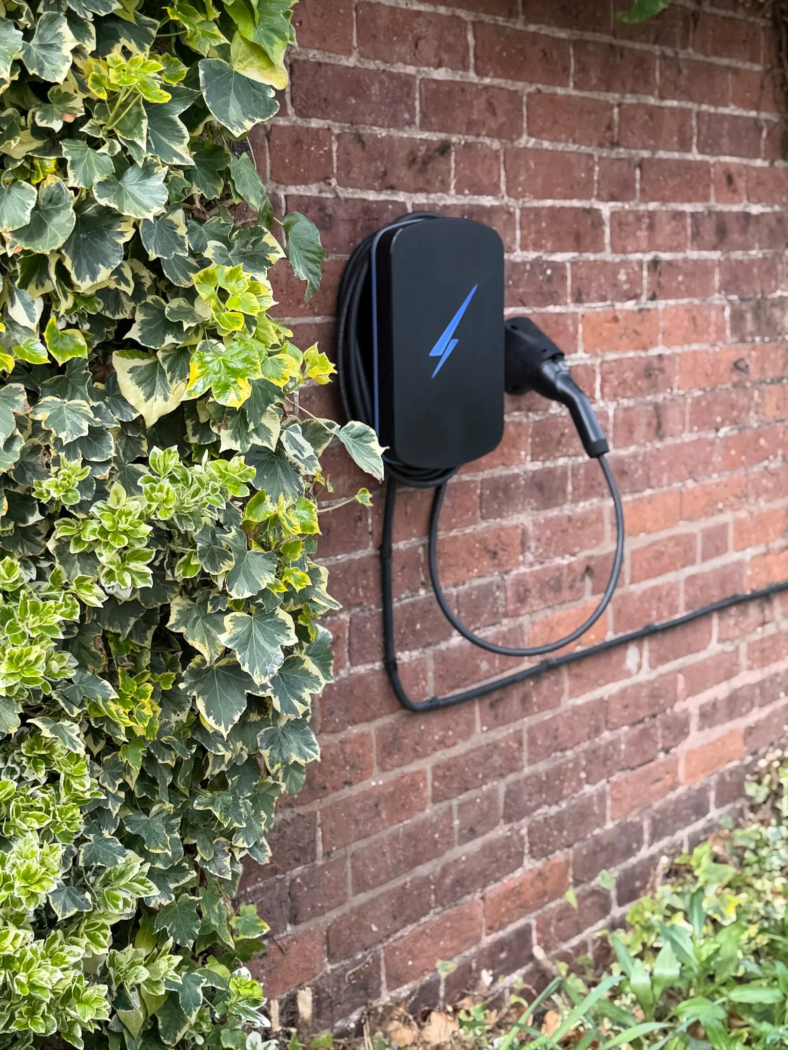 Black Hypervolt EV charger with a blue illuminated logo on a red brick wall beside climbing ivy